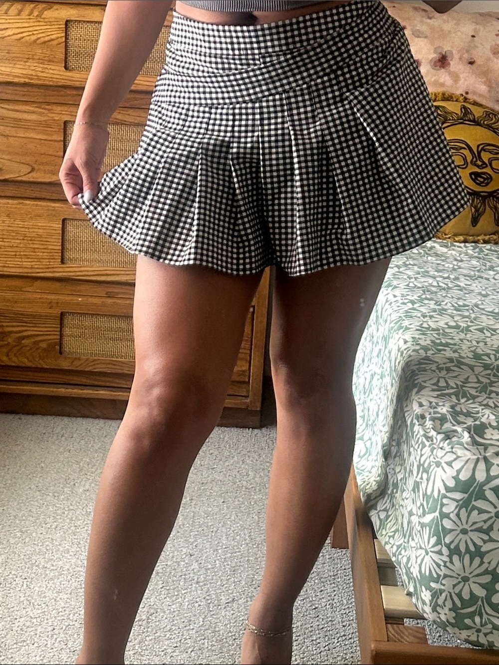 Zara Black and White Gingham Pleated Mini Skirt